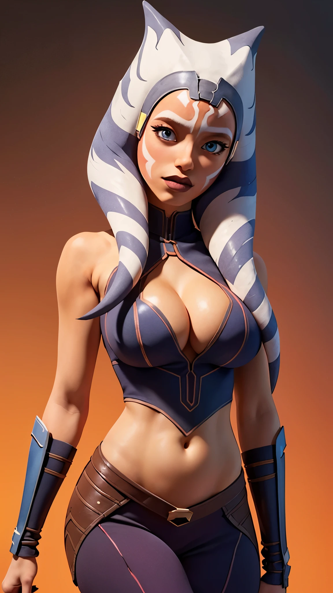 one girl, ahsoka tano, bust, (slender body:1.2), solo, upper body, blue eyes, orange skin, (big breasts, cleavage:1.3), bare shoulders, masterpiece, highly detailed, look at viewer, shiny blured orange background, gradient sprayed background, front view, gradient red purple background, blured background, glowing edges of image
