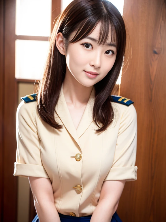 A Japanese woman in a Maritime Self-Defense Force uniform salutes to the camera,whole body、 Very beautiful face, Beautiful girl model, Very beautiful face, Beautiful and delicate face, Sharp beautiful face, Attractive beautiful face, gorgeous and attractive face, A lovely and delicate face, Beautiful model girl, Beautiful realistic face,  Realistic beautiful face  