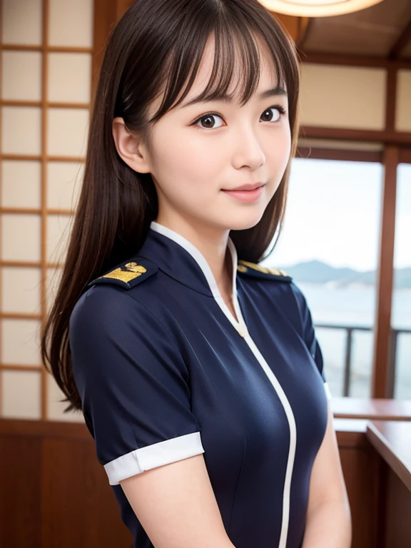 A Japanese woman in a Maritime Self-Defense Force uniform salutes to the camera,whole body、 Very beautiful face, Beautiful girl model, Very beautiful face, Beautiful and delicate face, Sharp beautiful face, Attractive beautiful face, gorgeous and attractive face, A lovely and delicate face, Beautiful model girl, Beautiful realistic face, Realistic beautiful face