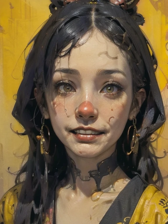 (masterpiece: 1.2, highest quality),((Sunburned skin))、 nightmare, doll-like face, Horror elements 、Unique atmosphere、Colorful devil clown, Japanese painting, creepy appearance, Characteristic hairstyle,(Colorful hair colors)、collar with chain、National costume