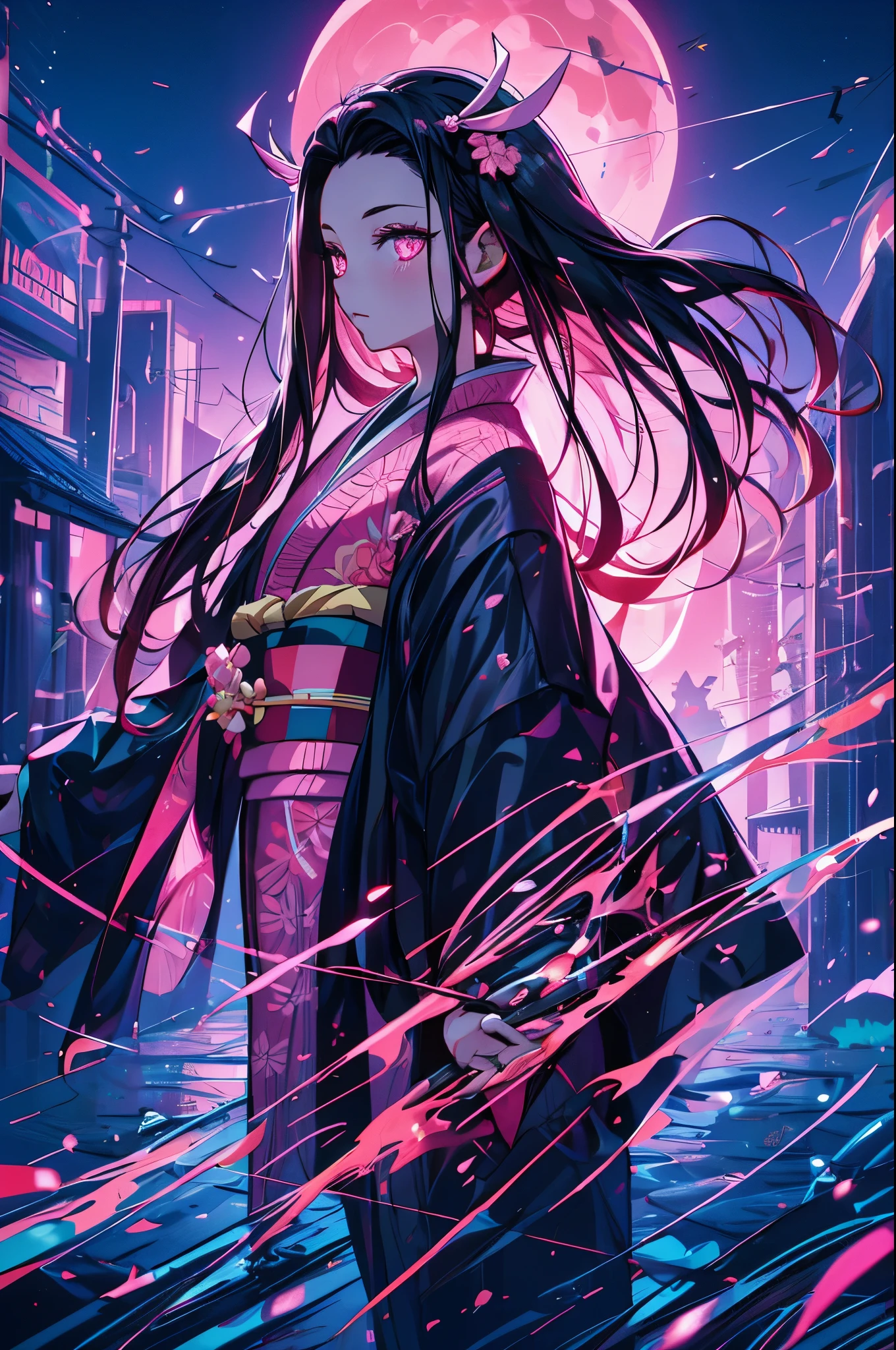 masterpiece, (pink kimono), seductive face, good lighting, low-cut, fine details, masterpiece, glowing eyes, 1girl, black hair, gag,  Nezuko Kamado, old twon,night time,moon,masterpiece, best quality, POV, wide hips,