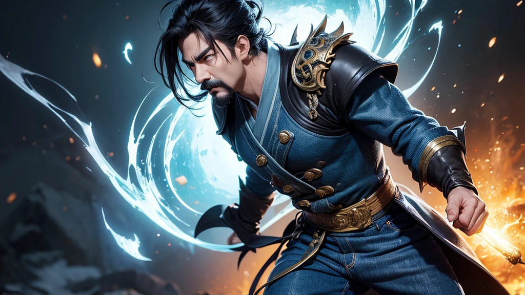 An 8k masterpiece, highest resolution, every detail, meticulous detail, depth of field, bright colors, beautiful composition: anime character Gohan impresses with his black hair and glowing,with mustache, eyes Beautifully detailed lighting, standing against a dark and ominous background. This handsome demon slayer with mustache is the epitome of bad guys in the fantasy art world. wear shirts and jeans.