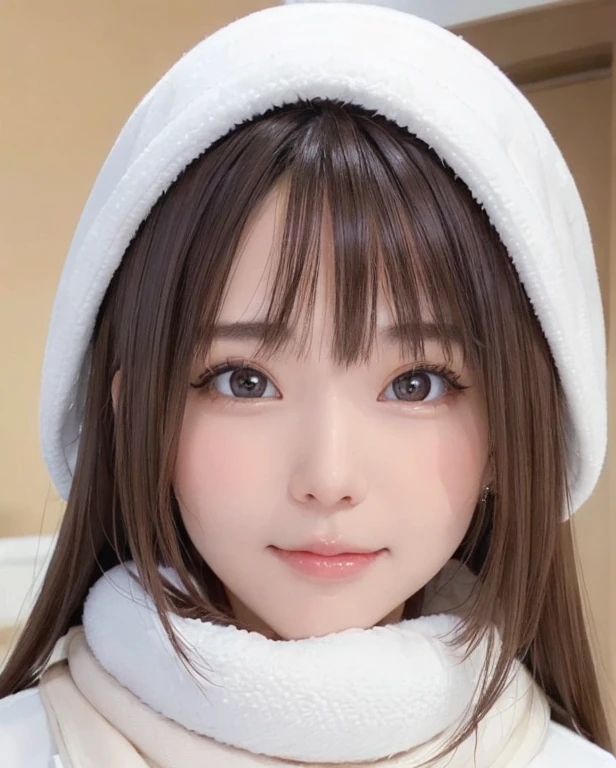 1 Female, (Close-up of face:2.0), Light brown hair, Blunt bangs, hair behind the ear, Hair that falls over the shoulders, Long Hair, Ultra Fine Face, Thin face, eyes like delicate lips:1.5), Light blush, eyes are light brown,Have a look at this, Ultra-thin needle, Very thin fingers, The optimal ratio is four fingers to one thumb, White long coat, Scarf ,Bay Area, It&#39;s snowing ,First Person View,  8k, Tabletop, Hmph, Super Detail, high quality, 最high quality, High resolution,