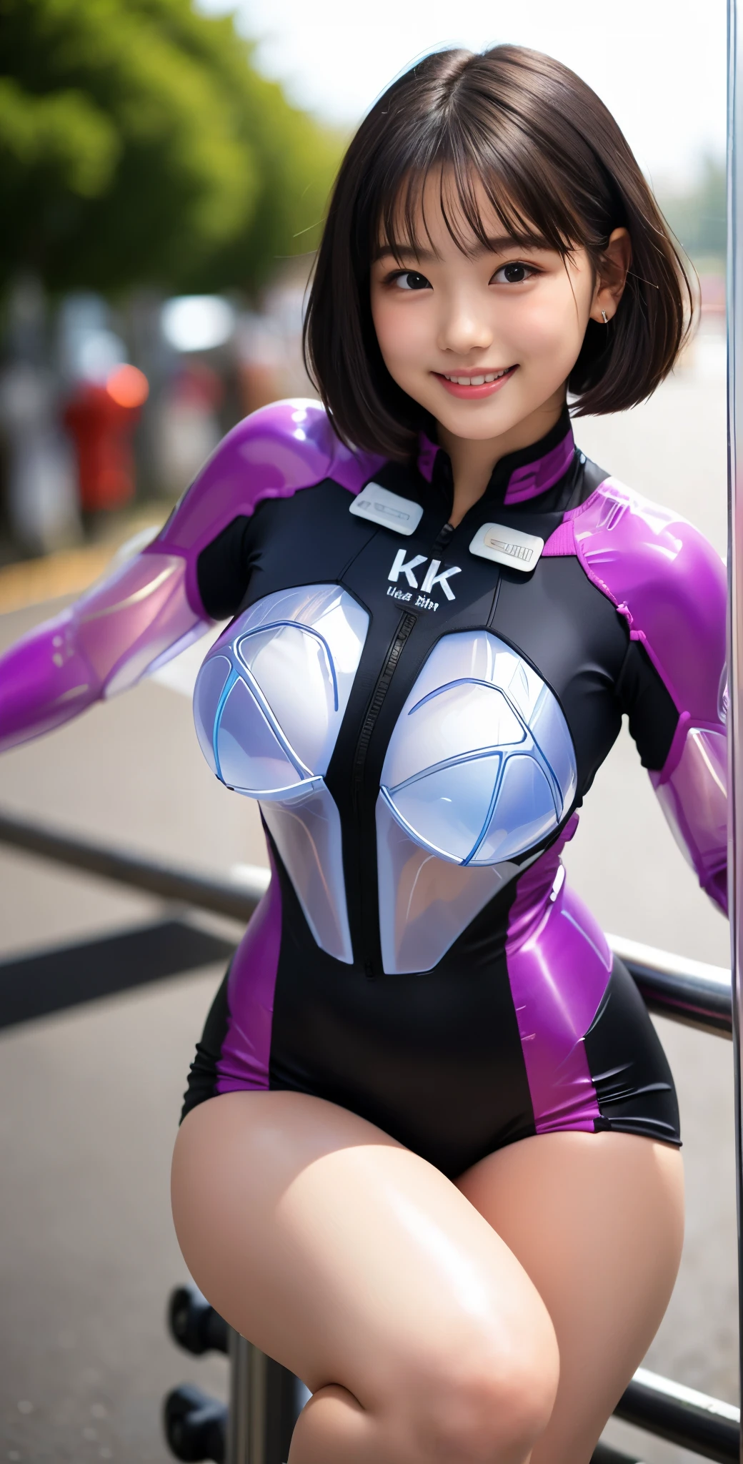 （8K、Raw photography、highest quality、masterpiece：1.2),(Black-haired、Very short hair:1.8),(Twin tails:1.4)、Show Viewer,Looking at the front,Erotic,白いskin,(Wearing a translucent plug suit:1.9)、()、(Clothes that accentuate the shape of the breasts、Publish one&#39;skin:1.5)、(big breasts :1.4)、Slim figure、Ultra-high resolution,beautiful,beautiful fece,(one person、No background:1.9),whole bodyボディー,Japanese women,（Photorealistic：1.37）、Photon Mapping,reality、(-face cute: 1.4)、(Cute Smile: 1.7)、(With a round face: 1.7)、Radio City、Physically Based Rendering、Depth of field rally background、photograph, (I can see your knees、High leg、Thigh close-up:1.8),（:1.4）,whole body、Super fine