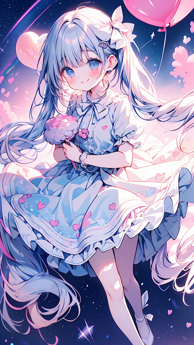 Masterpiece, best quality, extremely detailed, (illustration, official art: 1.1), 1 girl, ((light blue hair))), light blue hair, , ((blush)), cute face, big eyes, masterpiece, best quality, ((a very delicate and beautiful girl)))), amazing, beautiful detailed eyes, blunt bangs (((little delicate girl)))), tareme (true beautiful: 1.2),Official art、Top quality ultra-detailed CG art、a beauty girl：１.２）、lightblue hair、Glossy hair、 , ,smile,masterpiece, best quality, (fullbody, legs and shoes visible: 1.2)) expressive eyes, woman, pale skin, long hair, windblown hair, ((absurdly long hair)), long sidelocks, hime bangs, hair fringe, hair bun, ((very long twintails)), iridescent hair, blushing, full face blushing, big sparkling pastel purple eyes, (gradient eyes), open mouth smile, cute pose, ((holding balloons : 1.3)) ((cute and pastel fashion)) ((🌞🥳😃🌹🌷🌳 theme : 1.4)) flowy pastel dress, ((dreamy multicolored open dress)), (floating ribbons), lavender ruffles, pink frills, (light blue lace), detached short sleeves, puffy skirt, ((rainbows and stars print skirt : 1.3)), lolita skirtrple bows, ((pompon ribbons hair ornament : 1.4)), multiple bows, striped lace stockings, (heart shaped leg garter), cute (pastel purple) shoes ((hyperdetailed clothing and fashion)) looking at you, vintage girl, blushing, (beautiful detailed eyes), (extremely detailed CG unity 8k wallpaper) (best shadow), ((an extremely delicate and beautiful)), (detailed light), ((depth of field)) big head, big sparkling eyes, moe, splash art, cinematic lighting, frontal view, volumetric lighting maximalist photo illustration 64k resolution high res intricately detailed complex key visual precise linear ((in the dreamy pastel sky background, surrounded by sunset clouds, shooting stars, castles in the clouds)) ((hyperdetailed scenery, foggy clouds, suspended by balloons, hearts : 1.3))
