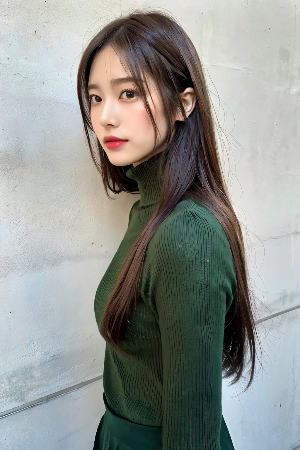 highest quality, 1 Beautiful Woman, 28 years old, s, 35mm lens,, Cowboy Shot, Concrete Background、Mortar style background、green turtleneck knit、light brown、Mortar wall,From below、Straight hair、Straight hair、Shiny Hair,Silky Hair、Green clothes