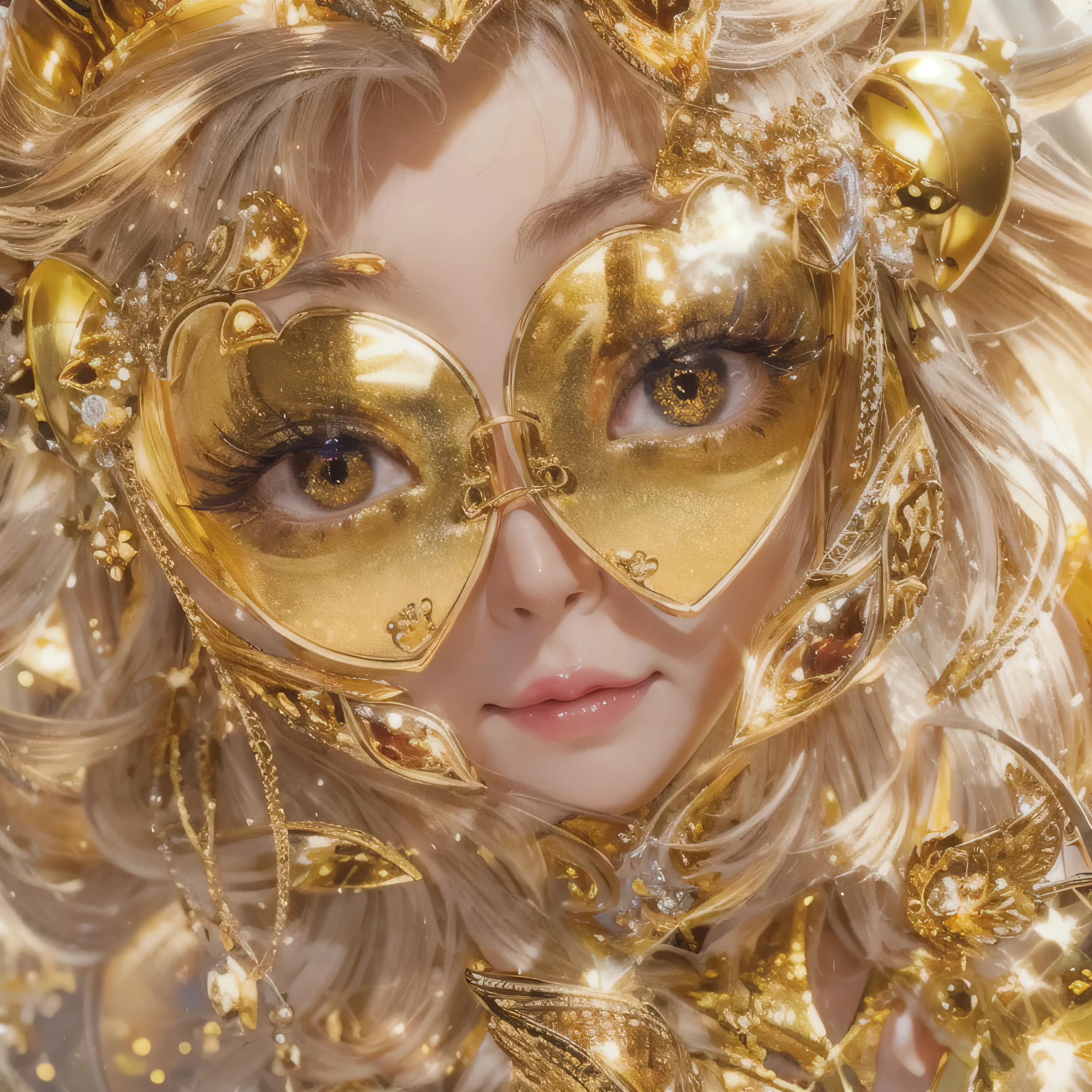 Heart shaped gold sunglasses、Close-up of a smiling golden face、Golden Designer、Golden Supermodel、Gold Complement、Golden glossy lips、Golden shining eyes、(Realistic、High resolution)、(One Girl)、Close-up Eye、Korean Girls、(highest quality), (Tabletop), (One Girl), alone, Beautiful golden girl, Perfect Face, Dreamy gold、Very detailed airbrush art((Surreal))、Volumetric lighting、(highest quality)、The Ultra-detailed、Very intricate and colorful details、(Bright lighting)、Dynamic configuration、Ray Tracing、The mirror reflects light、Shallow depth of field、Ultra-detailed、Blend exposed、Hmph、Her eyes are golden、Background with golden glittering 3D hearts、Gold glittering hearts on background