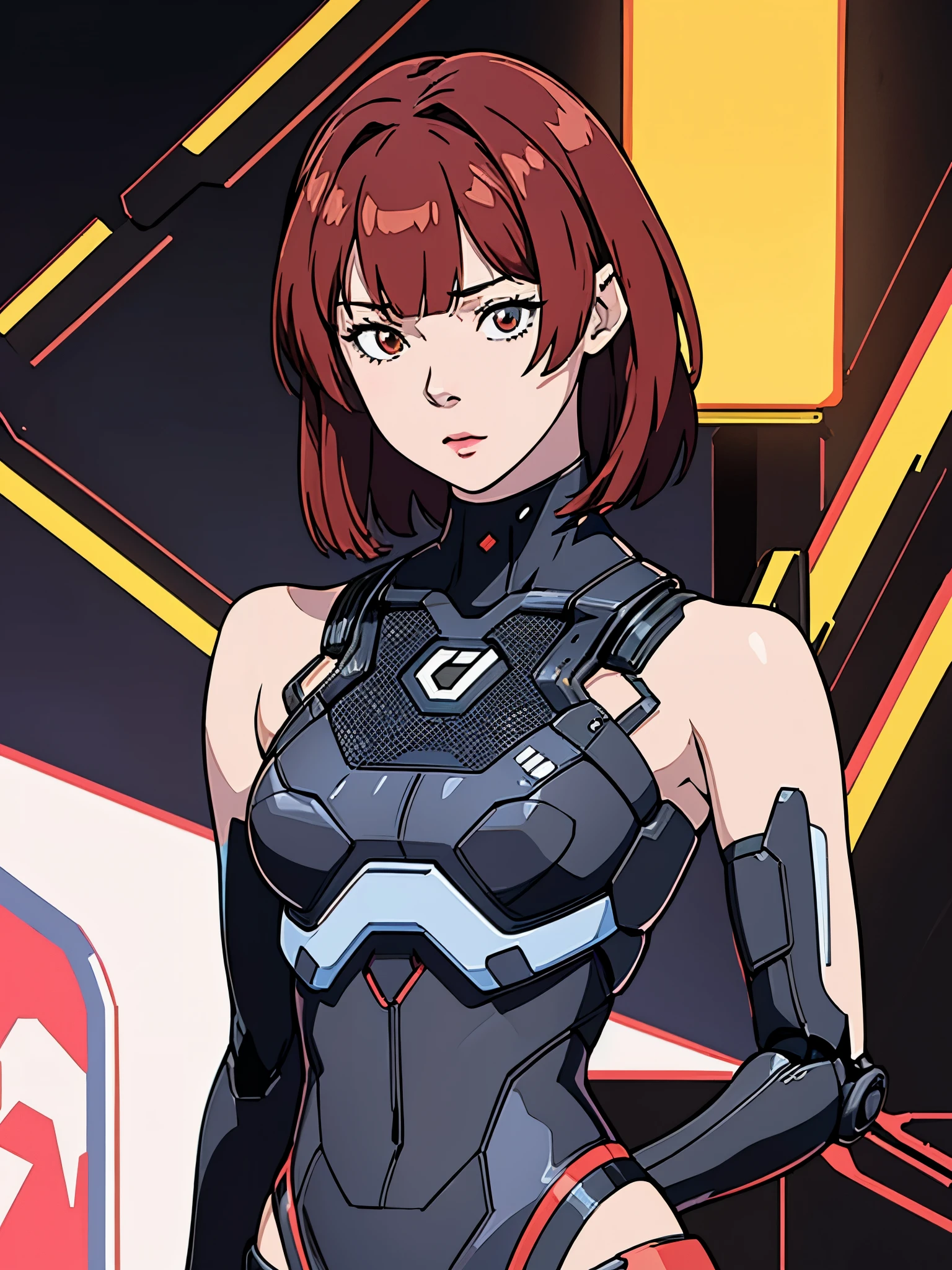 digital art drawing, illustration of (Winter from k-pop group aespa, short red hair with bangs, brown eyes, flat chest, cyborg girl, android, droid, mecha, mechanical fusion, exoskeleton, metal robotic arms, evil look, wires and cables connecting to the head, neon details, cyberpunk 2077), anime drawing/art, bold linework, illustration, digital art, masterpiece, flat illustration, no shadows, 8k resolution, high detail, vector art, only anime, perfect eyes, perfect hands, perfect fingers, sharpness, high clarity, medium shot, high fidelity
