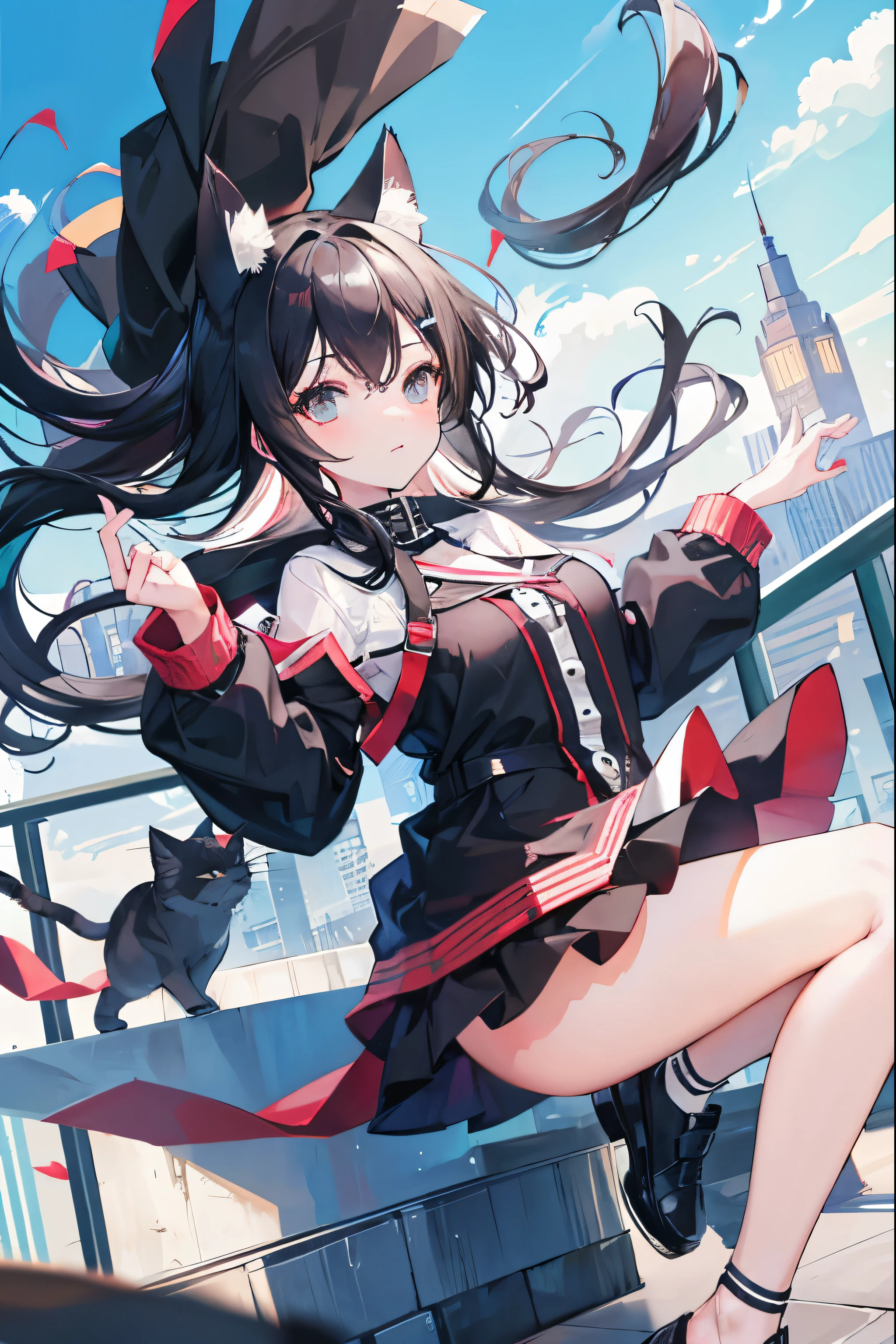 cat ear，long black hair，Girl，Jump and move on the rooftop，Hair flying