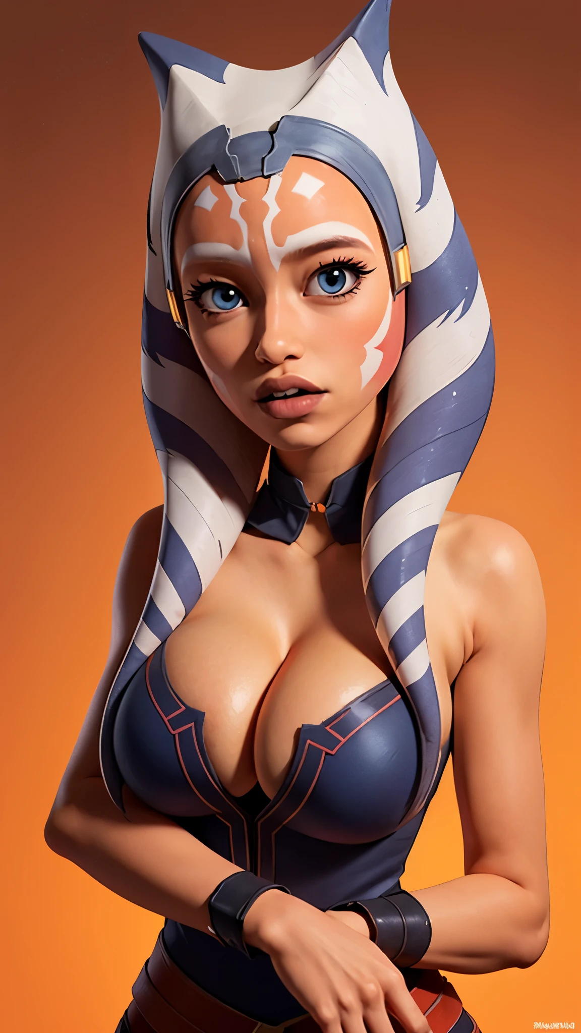 one girl, ahsoka tano, bust, (slender body:1.2), solo, upper body, blue eyes, orange skin, (big breasts, cleavage:1.3), bare shoulders, masterpiece, highly detailed, look at viewer, shiny blured orange background, gradient sprayed background, front view, gradient red purple background, blured background, glowing edges of image