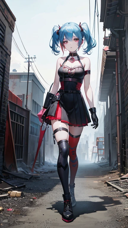 very pretty girl,fit、healthy. Dress like Harley Quinn, In a very short time. Post apocalyptic background. full-body shot, Movie Lighting, Extremely true.