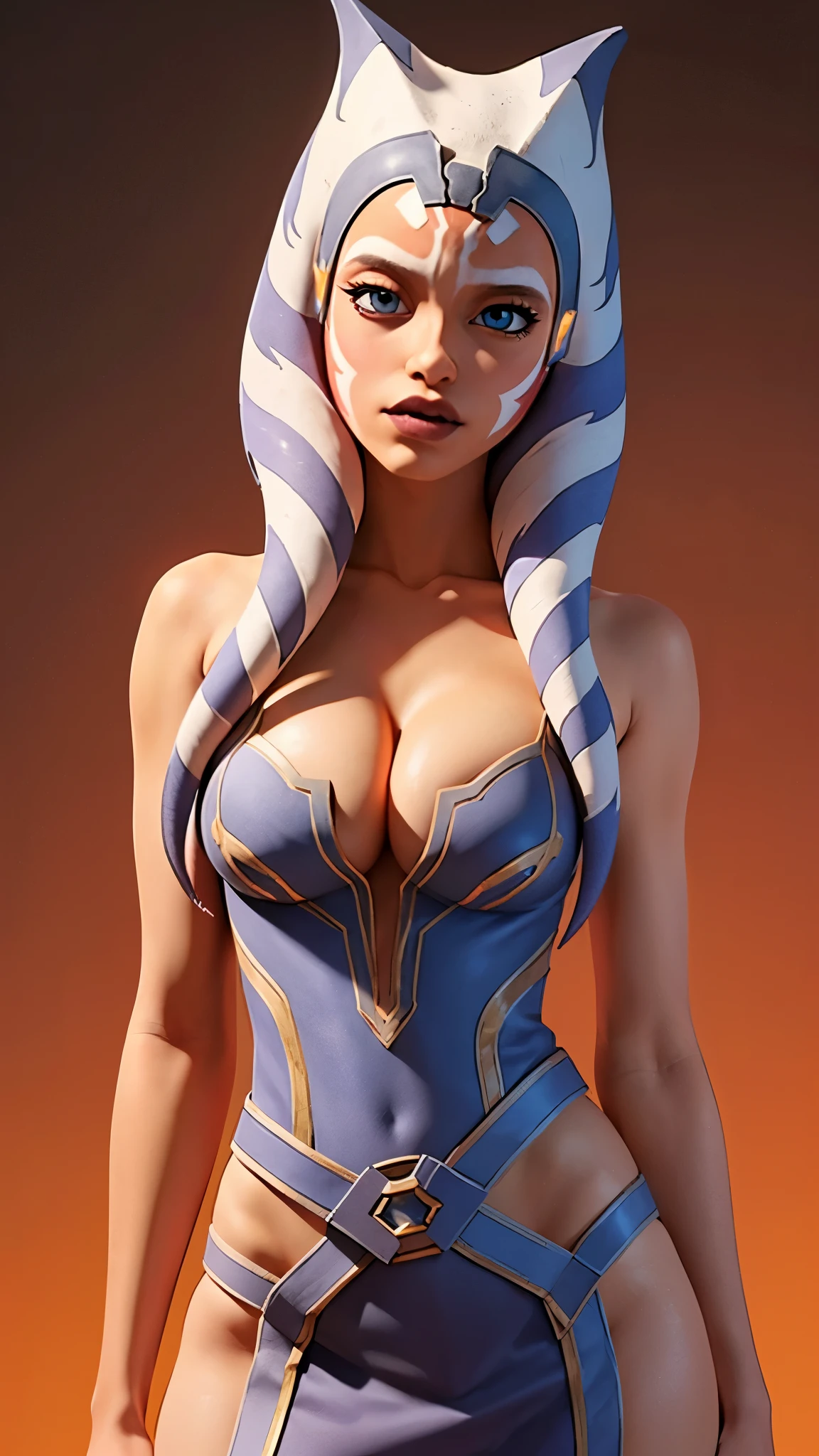 one girl, ahsoka tano, bust, (slender body:1.2), solo, upper body, blue eyes, orange skin, (cleavage:1.3), bare shoulders, masterpiece, highly detailed, look at viewer, shiny blured orange background, gradient sprayed background, front view, gradient red purple background, blured background, glowing edges of image