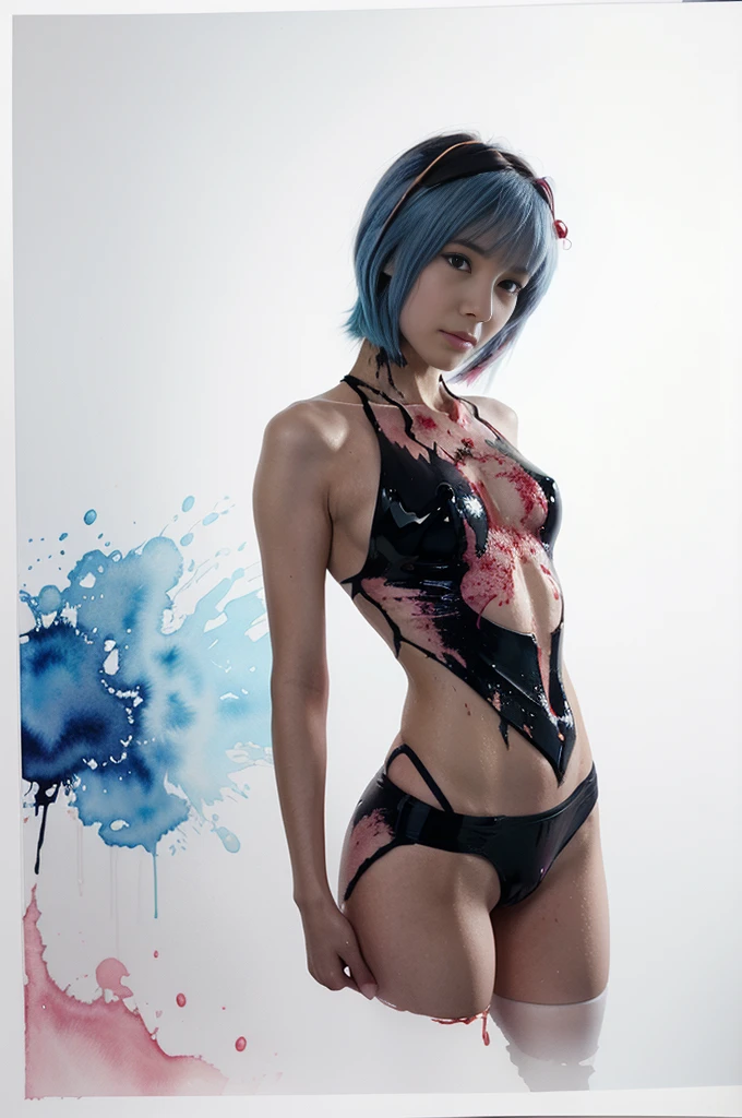 realistic photo of ReiAyanami (Evangelion), ink splash, colorful, watercolor