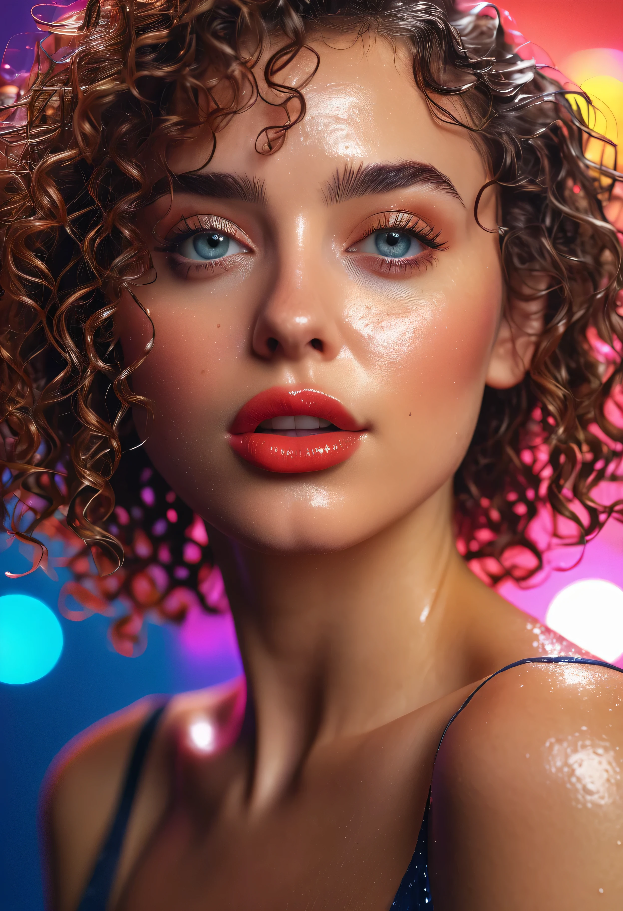 (best quality,4k,highres,masterpiece:1.2),ultra-detailed,realistic,studio lighting,wonderful colors,wet texture,portrait,close-up,curly hair,beautiful detailed eyes,detailed lips,graceful posture,confident expression,stylish outfit,colorful background,bokeh,playful mood,bright lights,high contrast