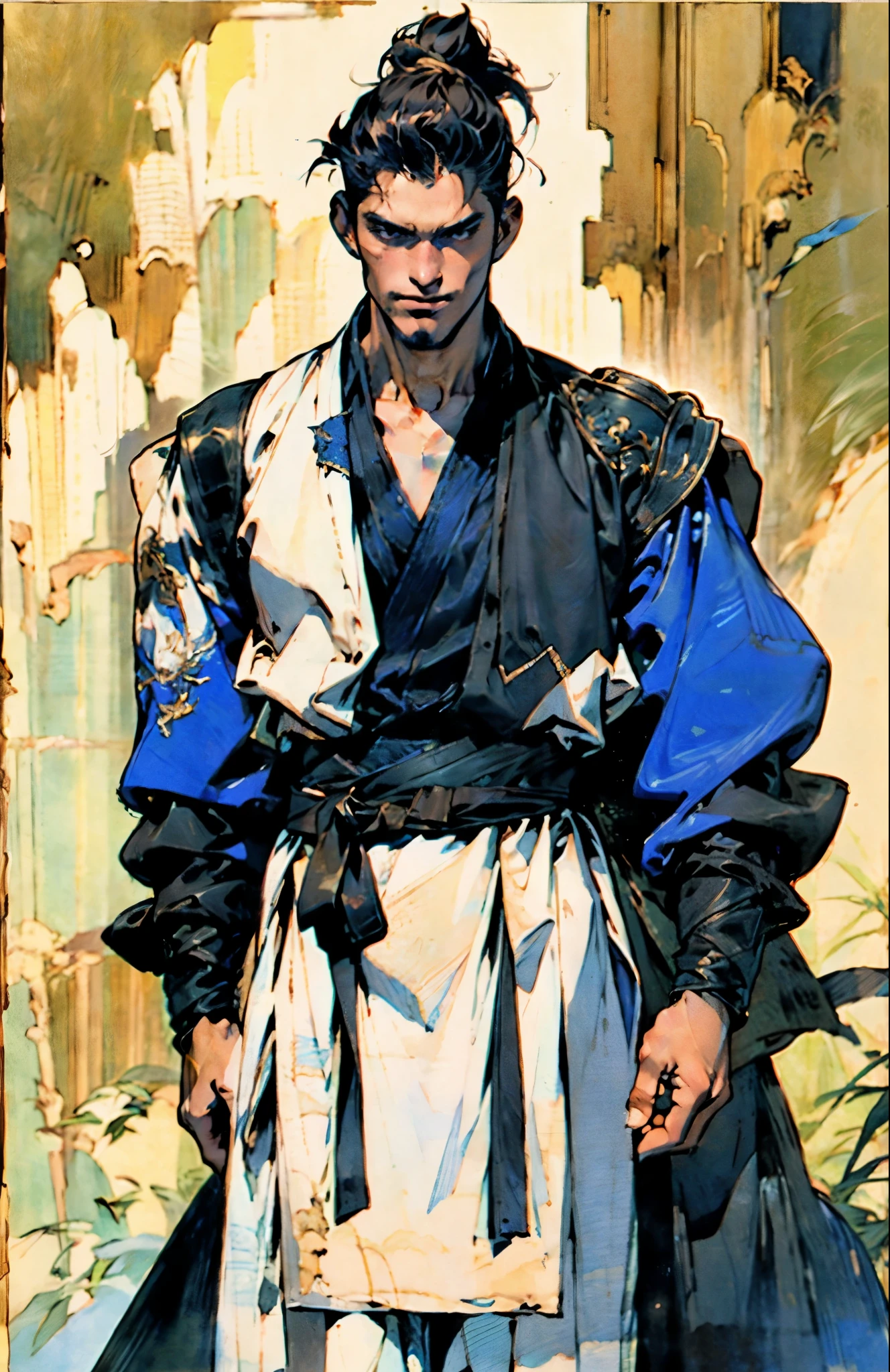 A man with short brown hair slicked back, topknot hairstyle, small center-parted fringe, deep eyes, straight eyebrows, long face, playful smile, a azure blue fantasy-style cloth vest jacket over a long-sleeved white undershirt, a black waistband, coarse cloth trousers the backdrop of a fantasy-style border outpost, this character embodies a finely crafted fantasy martial arts-style outpost worker in anime style, exquisite and mature manga art style, high definition, best quality, highres, ultra-detailed, ultra-fine painting, extremely delicate, professional, perfect body proportions, golden ratio, anatomically correct, symmetrical face, extremely detailed eyes and face, high quality eyes, creativity, RAW photo, UHD, 32k, Natural light, cinematic lighting, masterpiece-anatomy-perfect, masterpiece:1.5