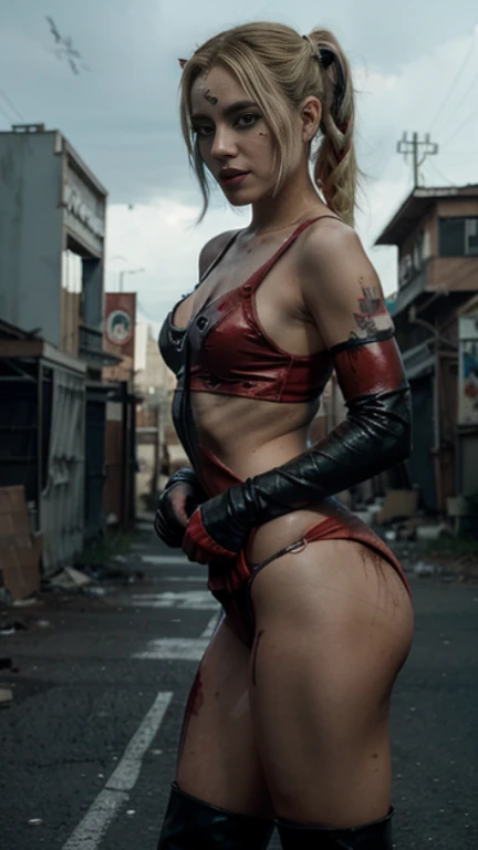 very pretty girl，fit、healthy. Dress like Harley Quinn, In a very short time. Post apocalyptic background. full-body shot, Movie Lighting, Extremely true. 