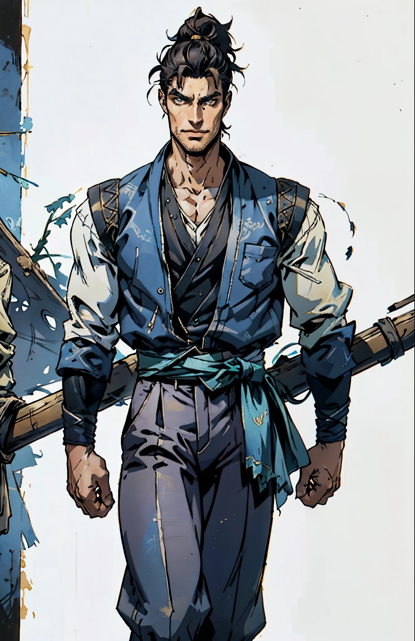 A man with short brown hair slicked back, topknot hairstyle, small center-parted fringe, deep eyes, straight eyebrows, long face, playful smile, a azure blue fantasy-style cloth vest jacket over a long-sleeved white undershirt, a black waistband, coarse cloth trousers the backdrop of a fantasy-style border outpost, this character embodies a finely crafted fantasy martial arts-style outpost worker in anime style, exquisite and mature manga art style, high definition, best quality, highres, ultra-detailed, ultra-fine painting, extremely delicate, professional, perfect body proportions, golden ratio, anatomically correct, symmetrical face, extremely detailed eyes and face, high quality eyes, creativity, RAW photo, UHD, 32k, Natural light, cinematic lighting, masterpiece-anatomy-perfect, masterpiece:1.5