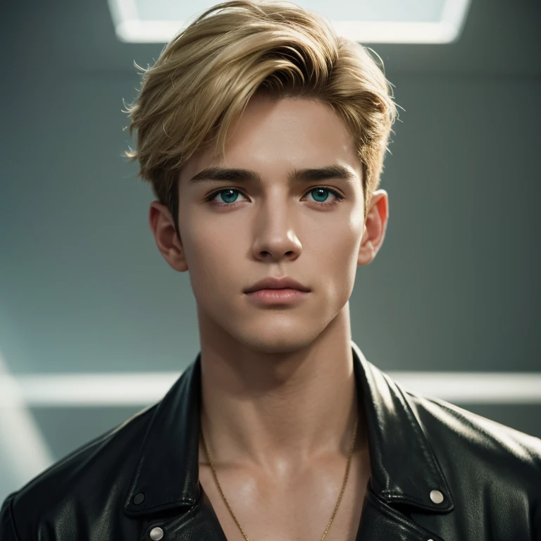 Portrait of a very handsome boy, black leather jacket, green eyes, Moican haircut, golden ratio, (high detailed skin:1.2), 8k uhd, dslr, soft lighting, high quality, film grain, Fujifilm XT3, professional lighting, handsome 1man , (thin lips:1.3), masterpiece, pale skin,(strong jaw:1), white skin, extremely pale skin, redhead boy, european boy, blonde hair, handsome supermodel, greek profile, young greek god, sublime beauty, delicate facial features, beautiful facial features, Greek face, strong jaw, attractive boy, focus on the boy, anatomical perfection, inematographic light, ultra detailed, hyper realistic, strong jaw, beautiful eyes, award winning (portrait photo:1. 4), high quality, hyper realistic, 4k, realistic, backlighting, (shallow depth of field:1. 5), by lee jeffries nikon d850 film stock photograph 4 kodak portra 400 camera f1. 6 lens rich colors hyper realistic lifelike texture dramatic lighting unreal engine trending on artstation cinestill 800 (vignette:1. 3), filmgrain, artistic photography, perfect composition, beautiful detailed, cinematic perfect light