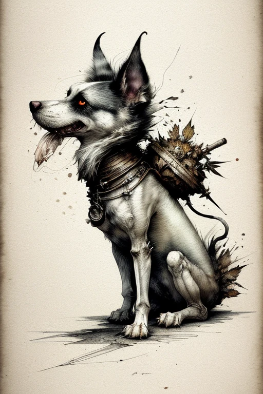 A captivating and minimalist caricature of a weed-smoking doggy showcasing a blend of pop culture references and dark surrealism. The doggy has an exaggerated, side view appearance, with a hint of grotesque. The art style is reminiscent of Russ Mills, Sakimichan, Wlop, Loish, Artgerm, Darek Zabrocki, and Jean-Baptiste Monge. The illustration is presented as a croquis, art line sketch, and watercolor painting, with a touch of color engraving. The overall atmosphere is mystical and eerie while maintaining a sense of minimalism and simplicity. painting, dark fantasy, illustration