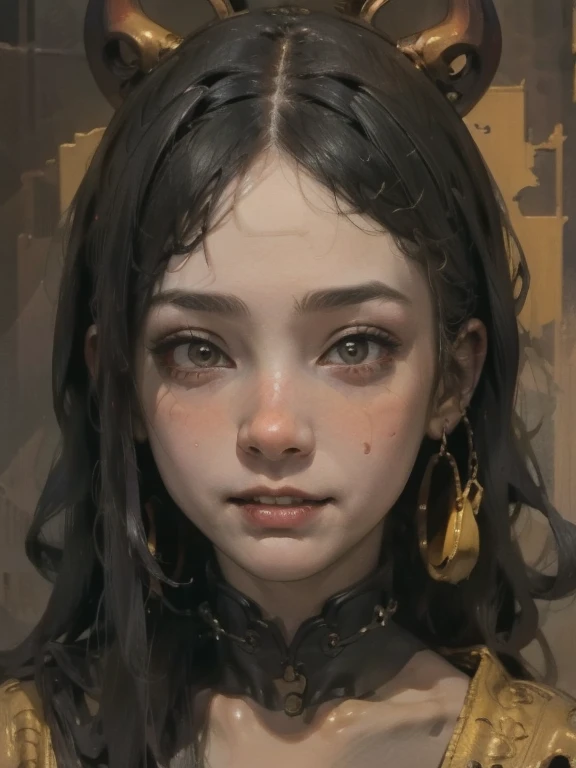 (masterpiece: 1.2, highest quality),((Sunburned skin))、 nightmare, doll-like face, Horror elements 、Unique atmosphere、Colorful devil clown, Japanese painting, creepy appearance, Characteristic hairstyle,(Colorful hair colors)、collar with chain、National costume