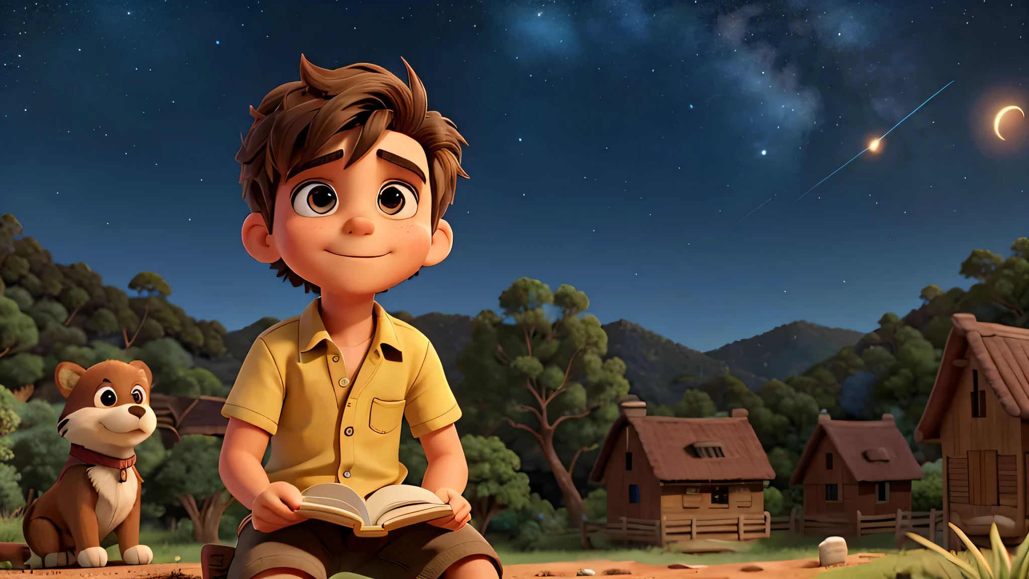 imagine um menino de cabelo marrom, de costas para o espectador, camisa branca e amarela, sitting near his house near a hill with greenery around, with a book in hand, looking up at the starry night sky with shooting stars crossing the sky, alta qualidade, extremamente detalhado, fundo detalhado, cinematic lighting,