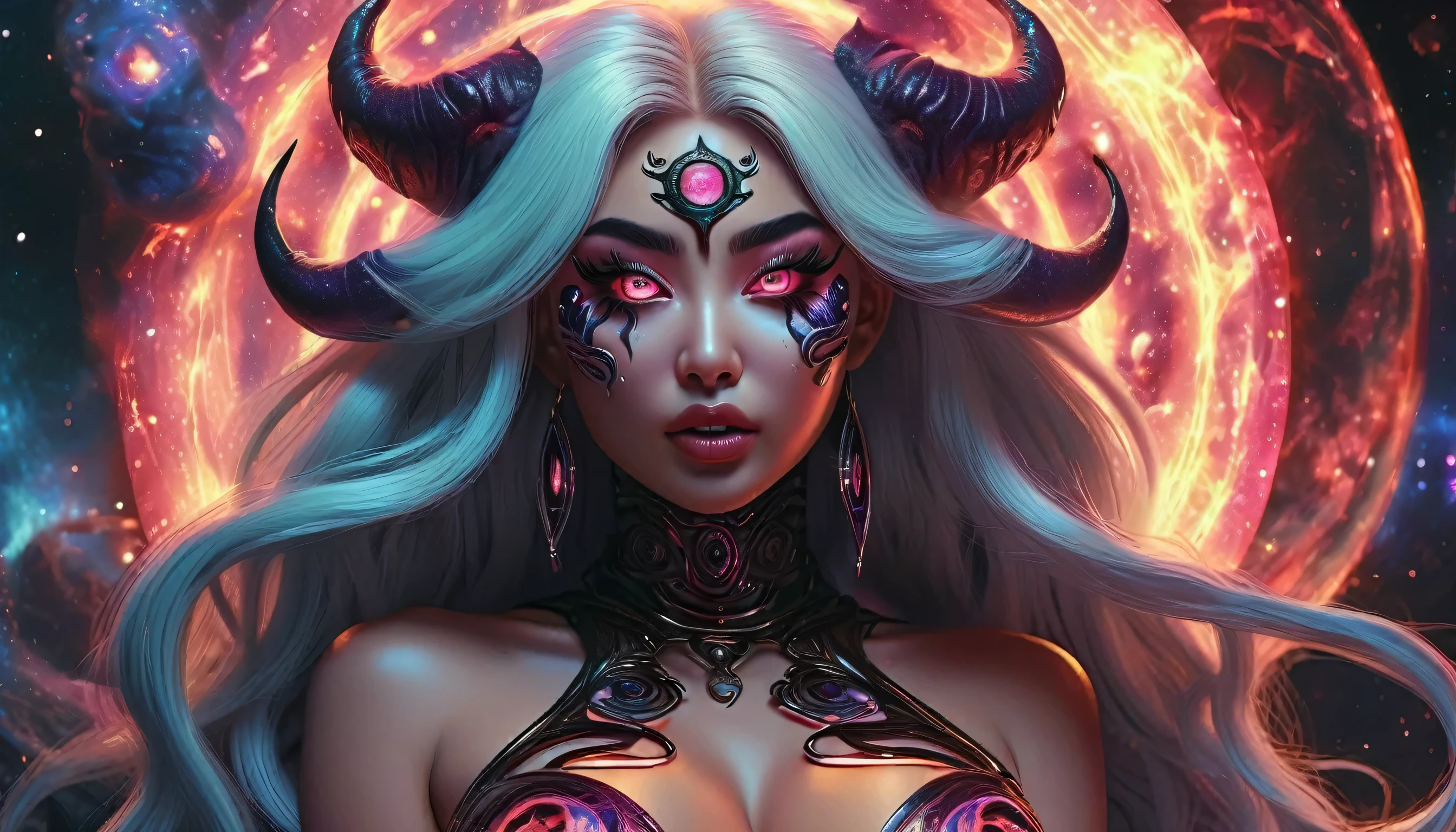 fullbody nikita dragun, evil demon, cosmic enchantress, glowing sclera, hypnotic eyes, ultra detailed, dynamic
