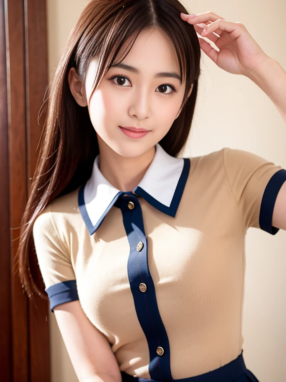 (high quality)、(high resolution)、Professional Lighting、10 year old girl、Primary school students、Young face、Thin and beautiful legs、Narrow waist、(Big Breasts)、Erect nipples、whole body、(smile:1.1)、(A classy sleeveless blouse with buttons and a collar)、(mini skirt)、(Angle from below)