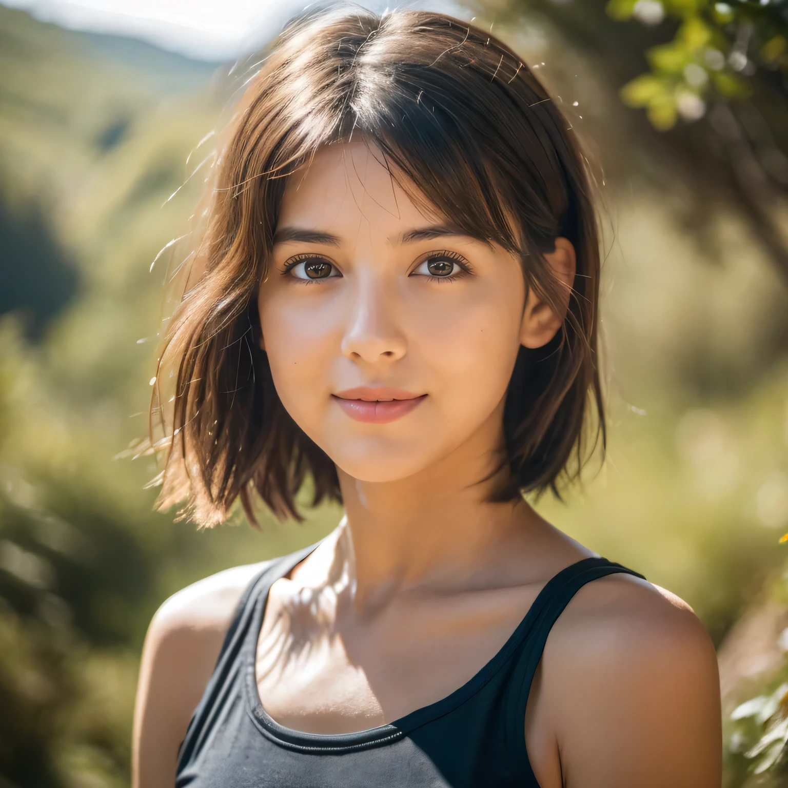 (8k, best quality, masterpiece:1.2), High detail RAW color photo, professional photograph, half body shot, (photo realistic:1.37), 1 spanish girl, 25 year old,   day light, (finerly detailed face:1.2), (masterpiece:1.5), (smiling:0.3), (looking at viewer:0.1), short hair, small breast, (black T shirt), mountain trekking, round face, brown beautiful eyes