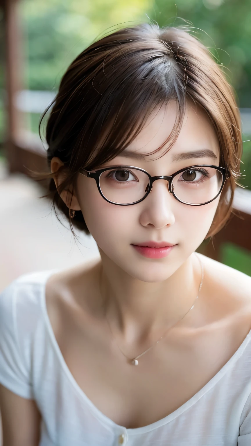 ((highest quality))、(masterpiece:1.4)、RAW Photos、8k、((Best image quality))、 ((Highest Resolution))、Ultra HD Photos、Delicate face、Beautiful face in every detail、Very detailed、(One Woman:1.3)、Realistic、(Cute Woman:1.3)、Berry Short、((boyish))、(Beautiful woman)、(Small face:1.5)、[smile]、necklace、(Round Glasses)、Random Pause、random hair color、big breasts