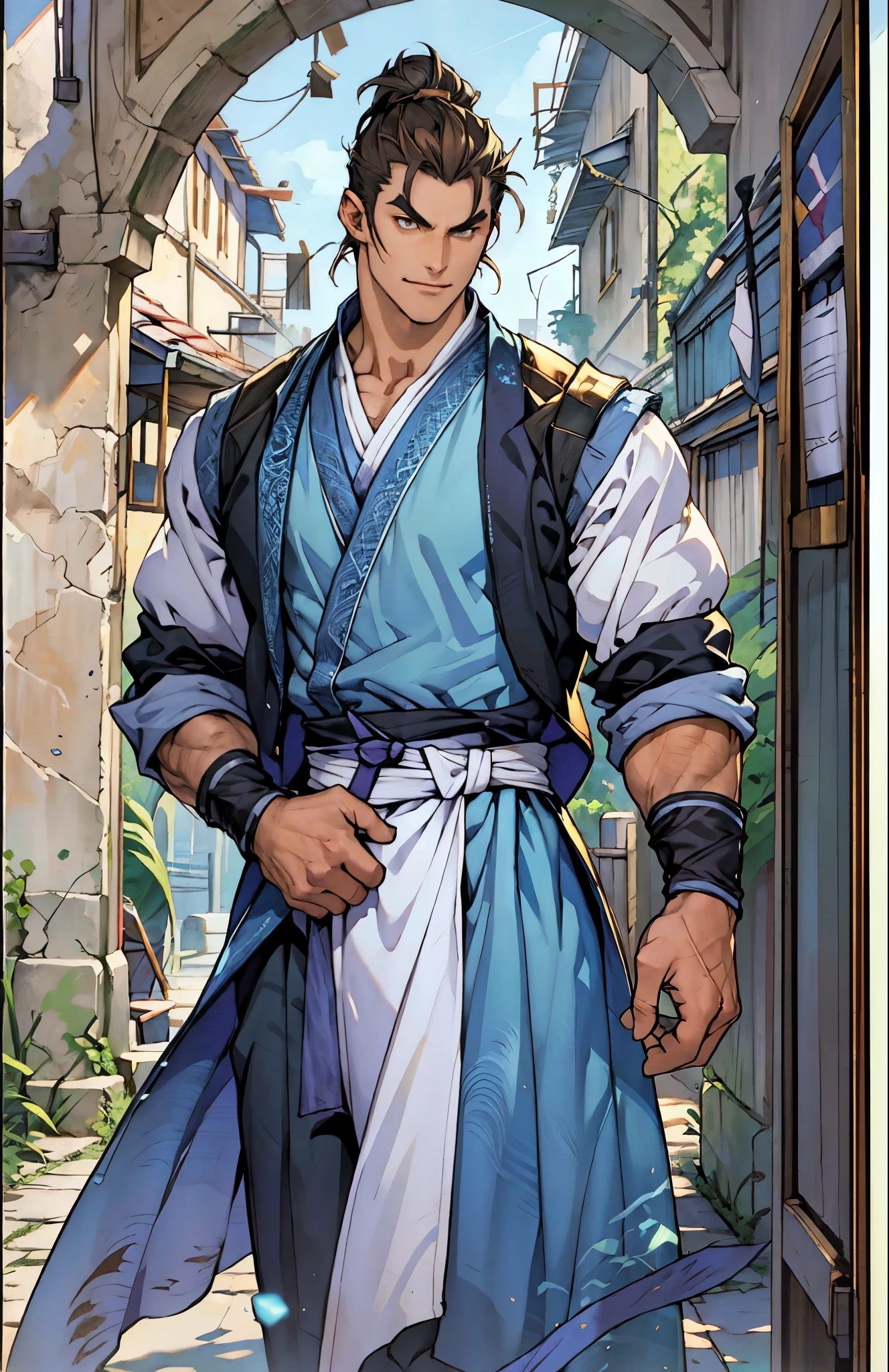 A man with short brown hair slicked back, topknot hairstyle, small center-parted fringe, deep eyes, straight eyebrows, long face, playful smile, a azure blue fantasy-style cloth vest jacket over a long-sleeved white undershirt, a black waistband, coarse cloth trousers the backdrop of a fantasy-style border outpost, this character embodies a finely crafted fantasy martial arts-style outpost worker in anime style, exquisite and mature manga art style, high definition, best quality, highres, ultra-detailed, ultra-fine painting, extremely delicate, professional, perfect body proportions, golden ratio, anatomically correct, symmetrical face, extremely detailed eyes and face, high quality eyes, creativity, RAW photo, UHD, 32k, Natural light, cinematic lighting, masterpiece-anatomy-perfect, masterpiece:1.5