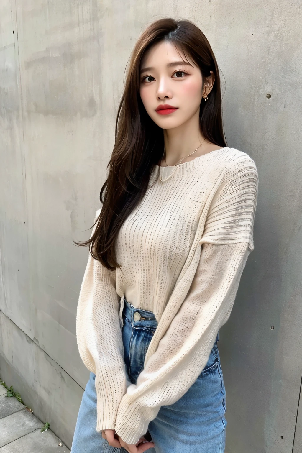highest quality, 1 Beautiful Woman, 28 years old, s, 35mm lens,, Cowboy Shot, Concrete Background、Mortar style background、knit、light brown、Mortar wall,longhair,straight hair,