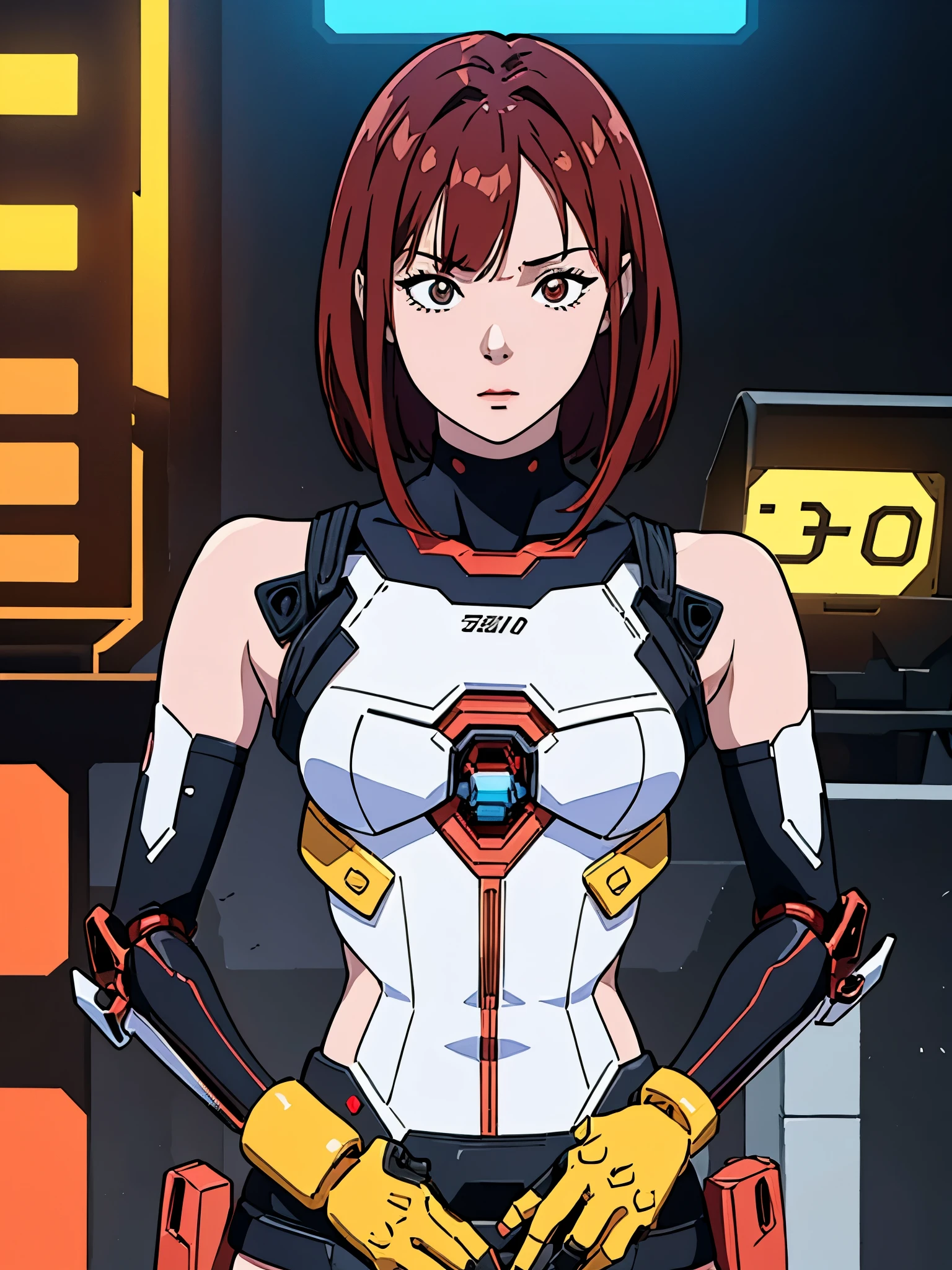 digital art drawing, illustration of (Winter from k-pop group aespa, short red hair with bangs, brown eyes, flat chest, cyborg girl, android, droid, mecha, mechanical fusion, exoskeleton, metal robotic arms, evil look, wires and cables connecting to the head, neon details, cyberpunk 2077), anime drawing/art, bold linework, illustration, digital art, masterpiece, flat illustration, no shadows, 8k resolution, high detail, vector art, only anime, perfect eyes, perfect hands, perfect fingers, sharpness, high clarity, medium shot, high fidelity
