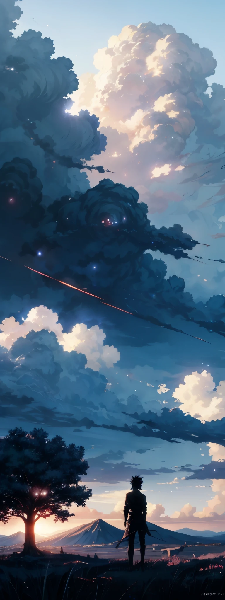 (dark figure standing in distant:1.2), from behind, back to camera, anime, anime movie, tenki no ko, 4K, masterpiece, best quality, high quality, summer, clouds, cumulus clouds, blue sky, tree, sunlight, expansive landscape photograph, sun hidden in clouds, makoto shinkai style, nebula