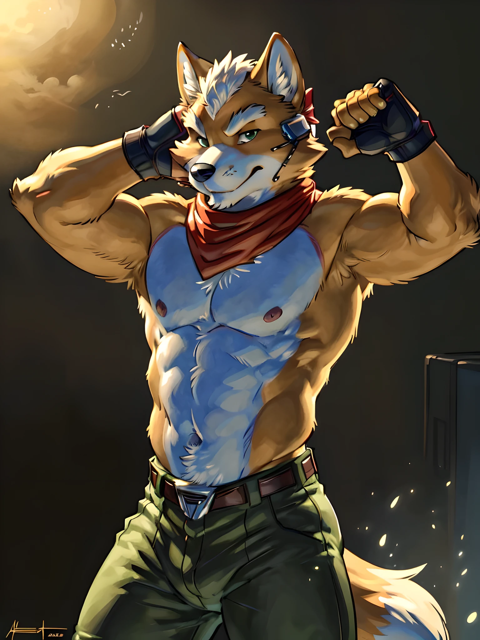 fox mccloud, 4k, high resolution, best quality, detailed, posted on e621, solo, anthro body, male, avarage build, (plain background:1.1), correct anatomy), sexy pose, posing, suggestive, strong lighting, (by wfa, by takemoto arashi, by meesh, by Taran Fiddler), fox tail, detailed eyes, belt, jeans, flexing bicep, red scarf, gloves, bare chest