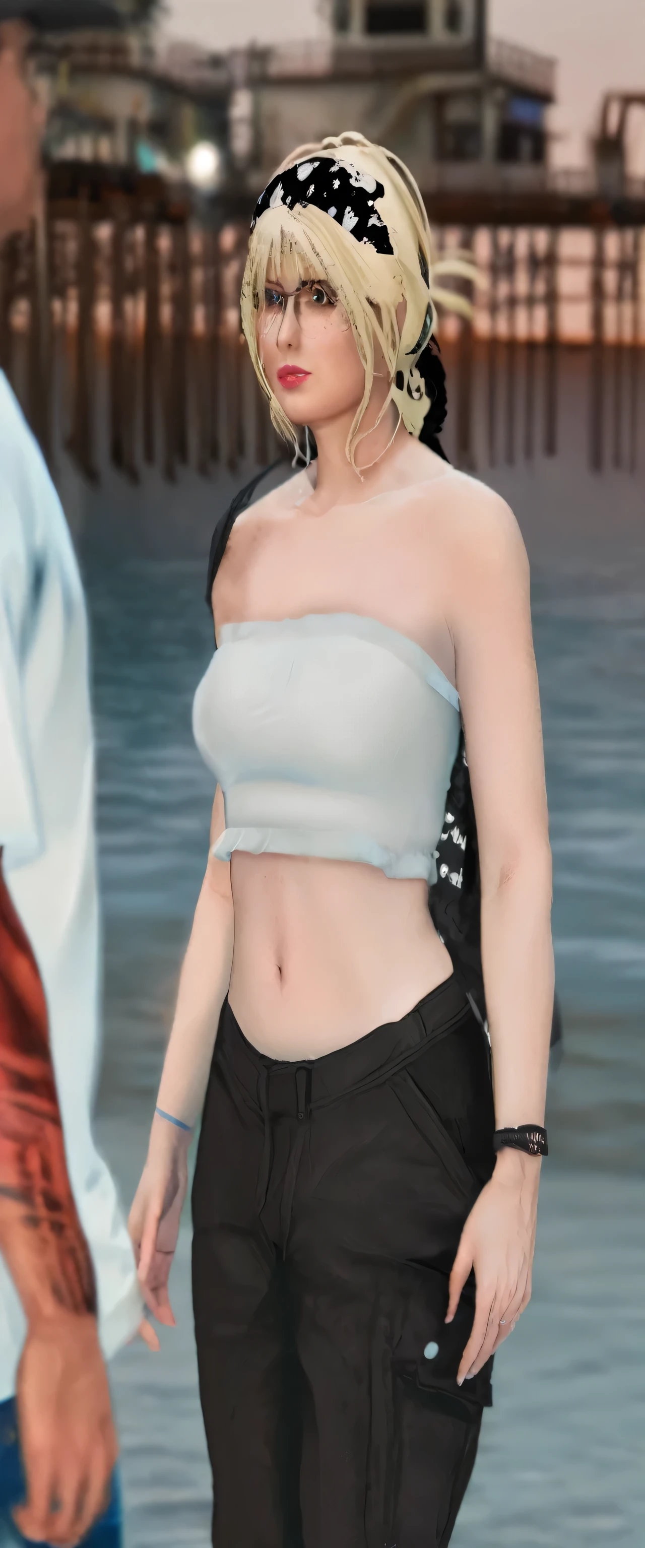 there is a woman standing next to a man in a bodysuit, wearing a sexy cropped top, exposed midriff, wearing a cropped top, tinyest midriff ever, physical : tinyest midriff ever, wearing a crop top, wearing crop top, wearing a cropped tops, bare midriff, loosely cropped
