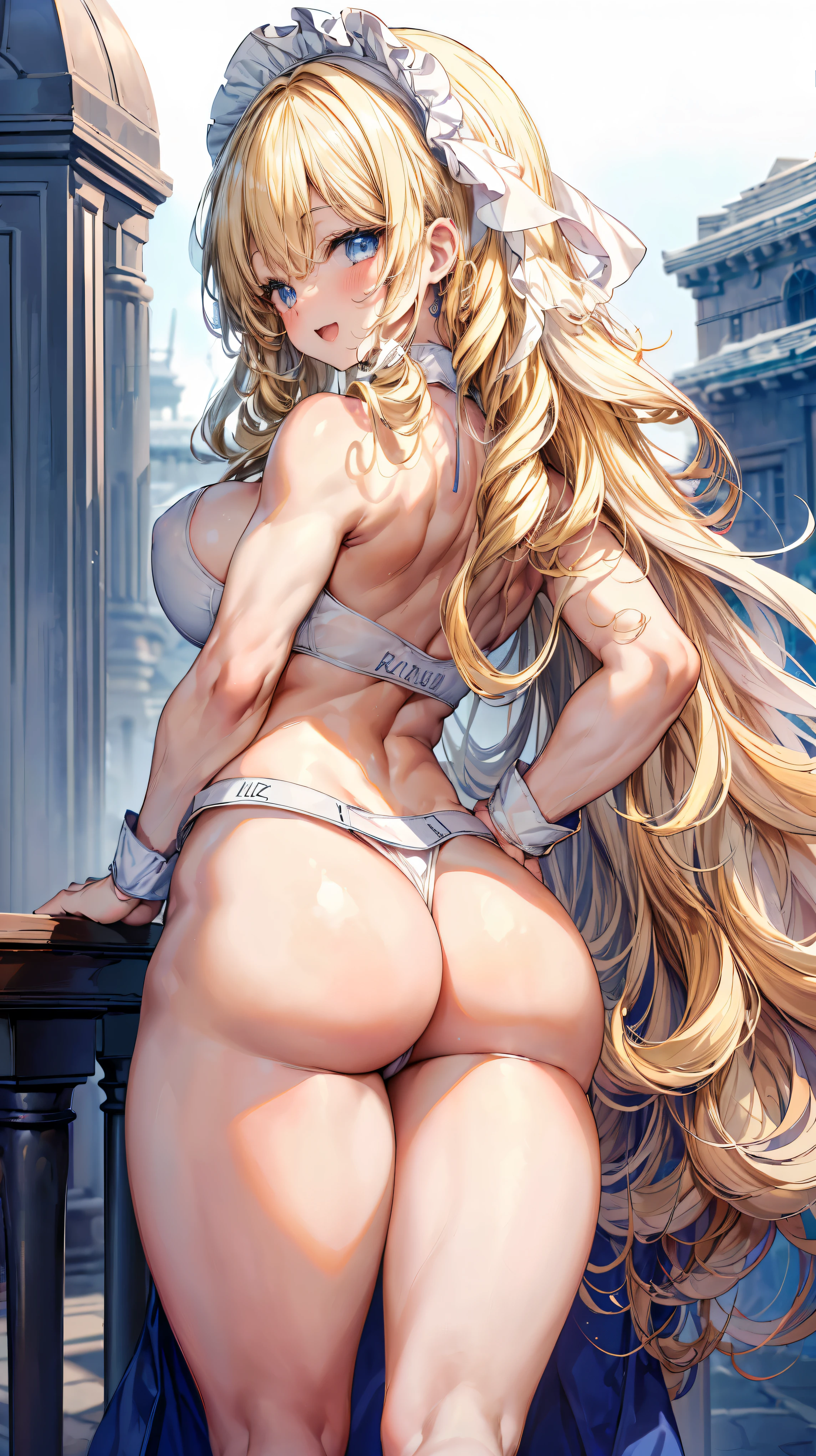 Super detailed、highest quality、Best image quality、masterpiece、8K、Anime Face、A kind smile、Open Mouth、Sparkling Blue Eyes、(Long blonde curly hair:1.4)、Wearing a maid headband、(SFW huge body)、(((Rear view)))、Cowboy Shot、(Wearing a white thong:1.5)、Muscles of the whole body、Hands on hips、Stick your ass out