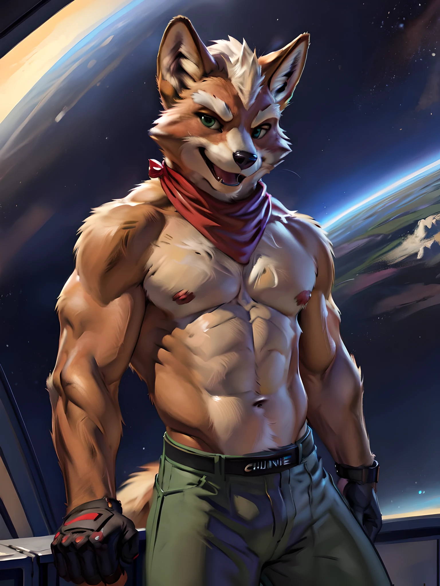 fox mccloud, 4k, high resolution, best quality, detailed, posted on e621, solo, anthro body, male, avarage build, (space background:1.1), correct anatomy, sexy pose, posing, suggestive, strong lighting, (by chunie, by meesh, by Taran Fiddler), fox tail, detailed eyes, red scarf, (half body, upper body):1.1, bare chest, shirtless