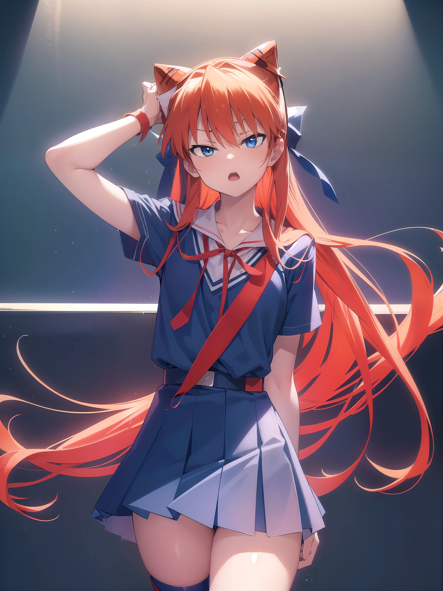 beautiful, small breasts, anime style, red hair, outfit Japanese schoolgirl, many colors, Asuka Langley, neon genesis evangelion