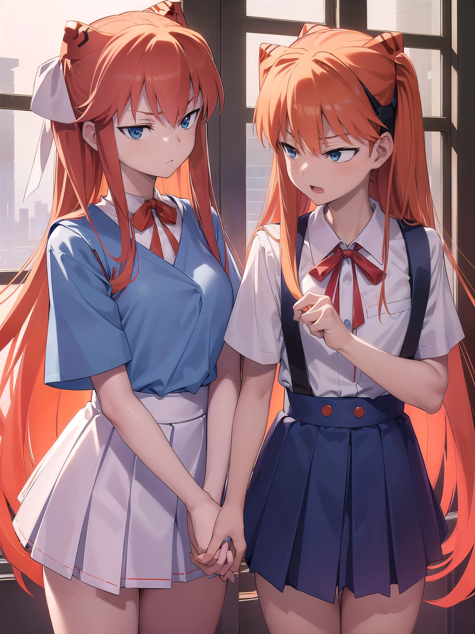 Sugar Angle, Asuka Langley Soryu, (Soryu Asuka Langley:1.5), blue eyes, Hair between the eyes, headgear, Interface Headset, Orange Hair, Both sides up, anger, Open your mouth,
break blue dress, clavicle, dress, neck ribbon, pinafore dress, red ribbon, ribbon, , shirt, Short sleeve, (Tokyo 3rd Uniform:1.5), suspenders, suspendersスカート, white shirt,
break indoors, classroom,
break looking at viewer, (Cowboy Shot:1.5),
break (masterpiece:1.2), highest quality, High resolution, unity 8k wallpaper, (figure:0.8), (Beautiful fine details:1.6), Highly detailed face, Perfect lighting, Highly detailed CG, (Perfect hands, Perfect Anatomy),