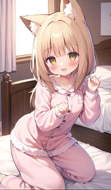 masterpiece, highest quality, 4K, 8k, smile, blush, One girl, bangs, blunt bangs, Frills, Fox Ears, View your viewers, Cat Pose, Dynamic pose, alone, bed, on bed, Crawl, big smile, Fine grain, Cute eyes, pajamas, From the side