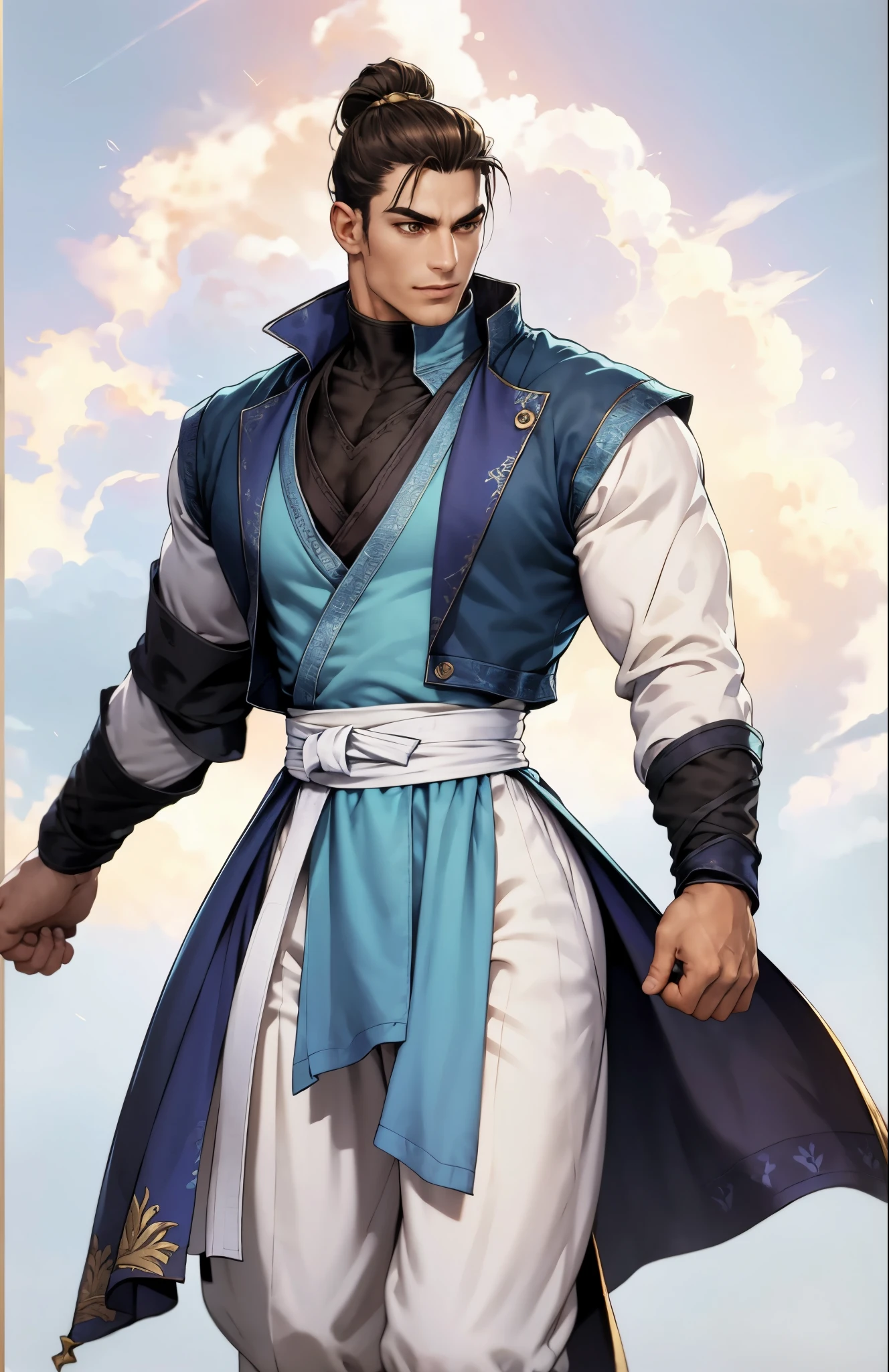 A man with short brown hair slicked back, topknot hairstyle, small center-parted fringe, deep eyes, straight eyebrows, long face, playful smile, a azure blue fantasy-style cloth vest jacket over a long-sleeved white undershirt, a black waistband, coarse cloth trousers the backdrop of a fantasy-style border outpost, this character embodies a finely crafted fantasy martial arts-style outpost worker in anime style, exquisite and mature manga art style, high definition, best quality, highres, ultra-detailed, ultra-fine painting, extremely delicate, professional, perfect body proportions, golden ratio, anatomically correct, symmetrical face, extremely detailed eyes and face, high quality eyes, creativity, RAW photo, UHD, 32k, Natural light, cinematic lighting, masterpiece-anatomy-perfect, masterpiece:1.5