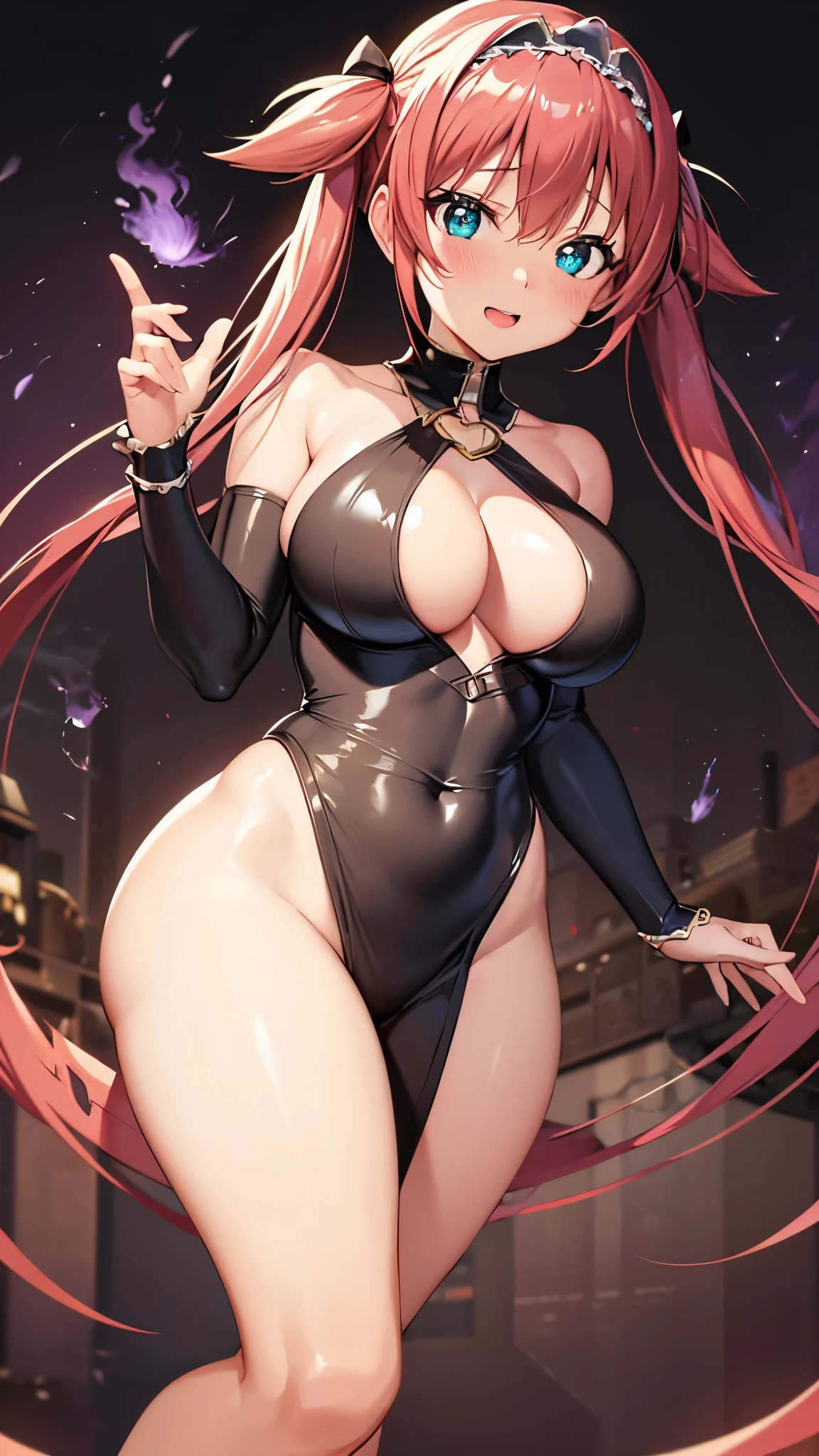 Sexy pose,8k,Tabletop, highest quality,Black background,  One Girl, alone, Airi Queen's Blade,blush, Thighs , Naughty big、Big ample breasts、Cleavage、 (Perfect hands, Perfect Anatomy)、standing、Laughter、(nude),(naked),