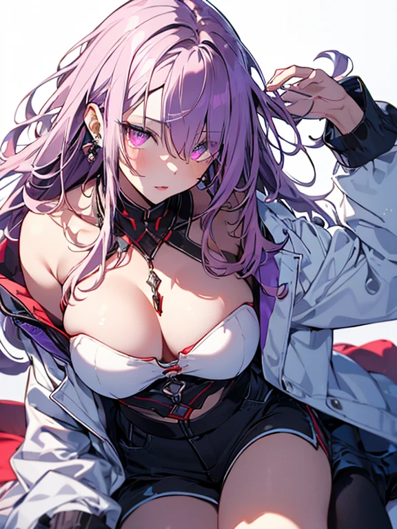 (((Very detailed, 8K quality))),,Hair above one eye, Red eyes, Clear Eyes, 1 female, whole body、blue eye background,Looks comfortable、Worthless outfit、simple fashion、No decoration、No decoration included、no neckless,Big and ample breasts, (Scarlet Hair), Long Hair, Purple eyes, Wearing a white coat、Researcher、Glasses、Lightweight shirt,Short skirt、ultra shorts、 (Natural skin texture Crisp details, Surreal, (Realistic eyes, Natural skin texture, Realistic facial details), Written boundary depth, Bokeh, Crisp details, Surreal, 35mm movie,lipstick, ear piercing, eye shadow, red pink lips, 多色のRed eyes, Purple Theme,Wear an iridescent aura,Beautiful Eyes,purple carpet,drooping bangs,sit,Main colors are white and purple,White Background,Looking down on