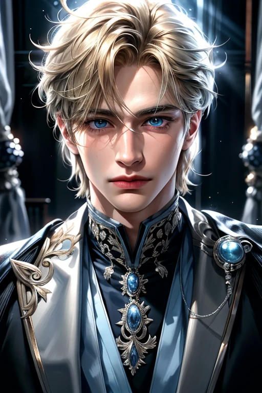 high quality, 8k, Ultra detailed, hdr, studio light, Masterpiece, Portrait of a standing man, Handsome face, Focus on your audience, young boy, head to feet,blondy hair, azure big beautiful blue eyes, closed mouth, silver jewelry, studio-light, messy hair, dynamic pose realistic, detailed and correct facial structure