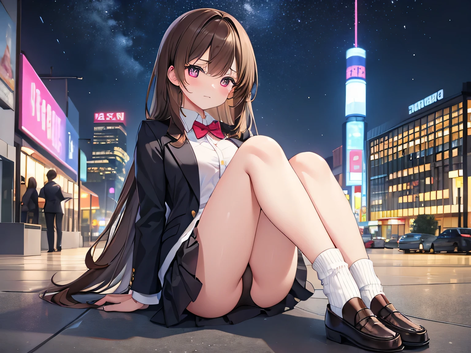 (Masterpiece, top quality, high resolution, realistic photo, realistic looking skin:1.1),
(The woman is hiding in the shadows in a business district at night:1.5),
(She looks like a mentally troubled person:1.5),
(She is wearing a high  blazer and a mini-skirt: 1.8),
(She wears baggy socks: 1.8),
(She is wearing black loafers: 1.8),
(Her skirt is so short you can almost see her panties: 1.5),
(She has medium brown hair: 1.5),
(Location: business district at night: 1.5),
1 Japanese girl, solo, full bodied esbian, beautiful eyes, glowing eyes, glowing thighs, NSFW