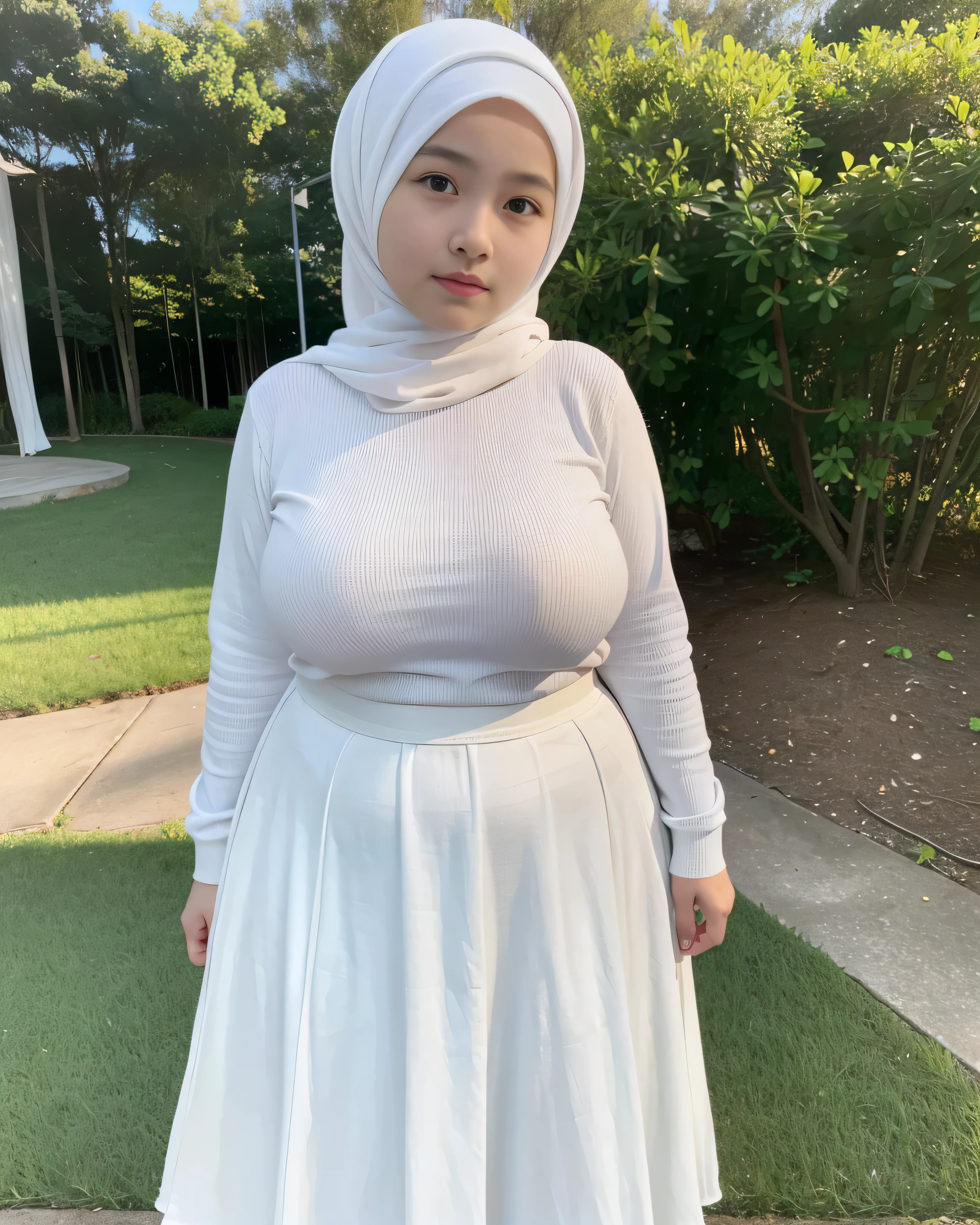 adorable, 1 girl, , baby face, sm portrait, (face details: 1), (eye details: 1), ((big breasts)). wearing white long rib shirt, long skirt, hijab. Plump legs.. proportional body. Ultra High res. realistic: 1.4, UHD