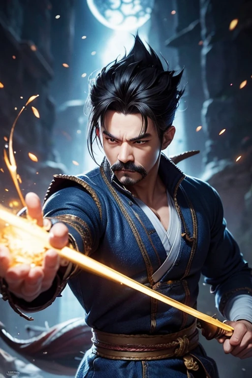 An 8k masterpiece, highest resolution, every detail, meticulous detail, depth of field, bright colors, beautiful composition: anime character Gohan impresses with his black hair and glowing,with mustache, eyes Beautifully detailed lighting, standing against a dark and ominous background. This handsome demon slayer with mustache is the epitome of bad guys in the fantasy art world. wear shirts and jeans.