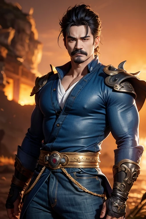 An 8k masterpiece, highest resolution, every detail, meticulous detail, depth of field, bright colors, beautiful composition: anime character Gohan impresses with his black hair and glowing,with mustache, eyes Beautifully detailed lighting, standing against a dark and ominous background. This handsome demon slayer with mustache is the epitome of bad guys in the fantasy art world. wear shirts and jeans.