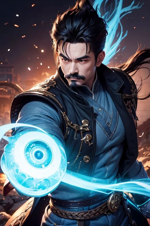 An 8k masterpiece, highest resolution, every detail, meticulous detail, depth of field, bright colors, beautiful composition: anime character Gohan impresses with his black hair and glowing,with mustache, eyes Beautifully detailed lighting, standing against a dark and ominous background. This handsome demon slayer with mustache is the epitome of bad guys in the fantasy art world. wear shirts and jeans.