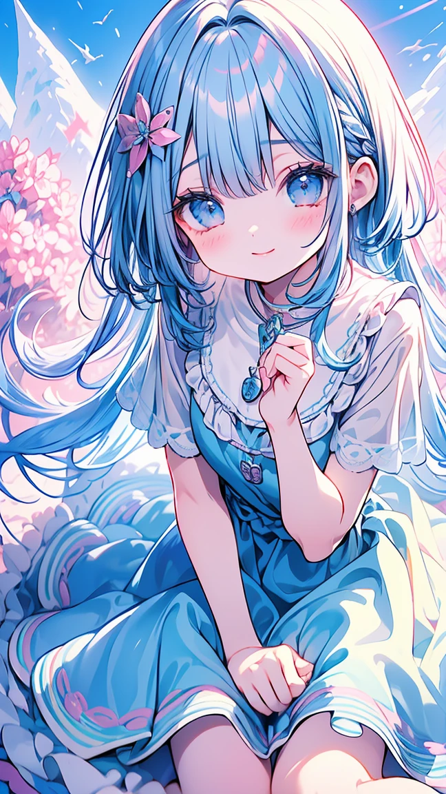 Masterpiece, best quality, extremely detailed, (illustration, official art: 1.1), 1 girl, ((light blue hair))), light blue hair, 10 years old, ((blush)), cute face, big eyes, masterpiece, best quality, ((a very delicate and beautiful girl)))), amazing, beautiful detailed eyes, blunt bangs (((little delicate girl)))), tareme (true beautiful: 1.2),(best quality,ultra-detailed,highres,masterpiece:1.2),((Candyland)), vibrant,colorful landscape,delicious candy treats,sugar-coated fantasy,enchanted world,sweet and sticky textures,playful characters,whimsical candy-filled sky,lollipop trees,cotton candy clouds,licorice bridges,marshmallow mountains,gumdrops and chocolate rivers,happy children exploring,giggles and laughter,irresistible candy aroma,wonder and joy,never-ending candy adventure,mesmerizing color palette,fairy tale atmosphere,soft and warm lighting,delicate sugary crystals,indulgent sweetness,childhood memories,unforgettable sugary dream.